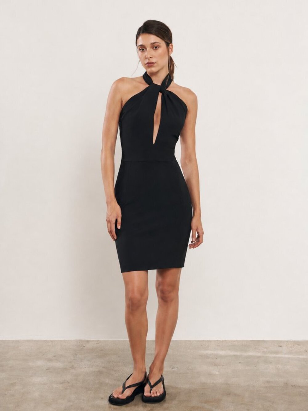 BEC & BRIDGE Black Draped Satin Twist Front Ponte Knit Sheath Dress, Size 6